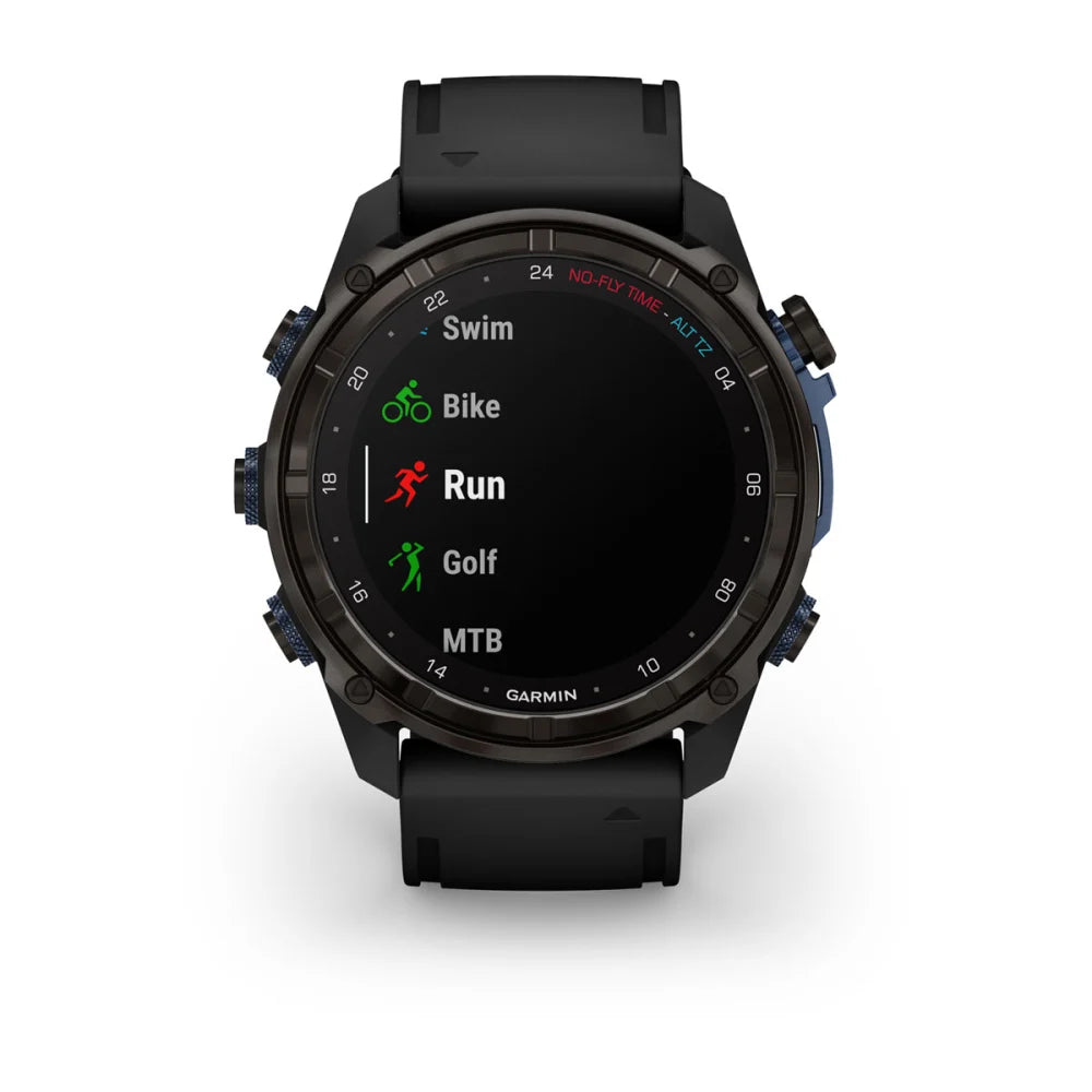 Garmin Descent Mk3i smartwatch displaying activity options for Swim, Bike, Run, Golf, and MTB.
