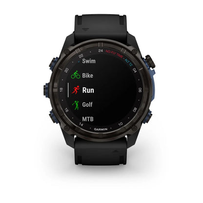 Garmin Descent Mk3i smartwatch displaying activity options for Swim, Bike, Run, Golf, and MTB.