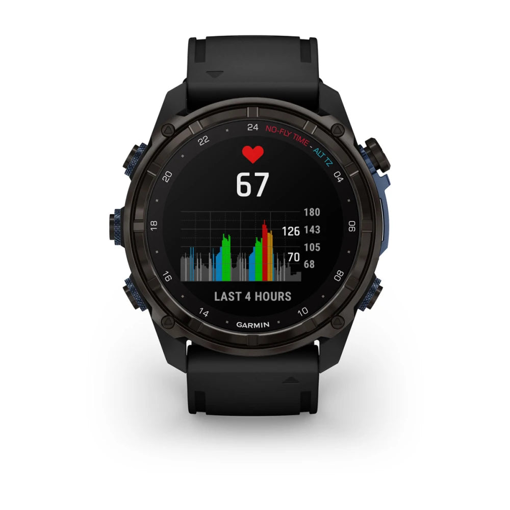 Garmin Descent Mk3i smartwatch displaying heart rate and activity data for the last four hours.