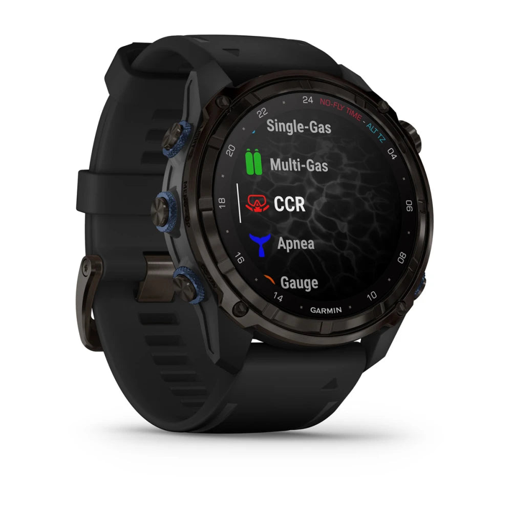 Garmin Descent Mk3i smartwatch displaying diving modes including Single-Gas, Multi-Gas, CCR, Apnea, and Gauge.