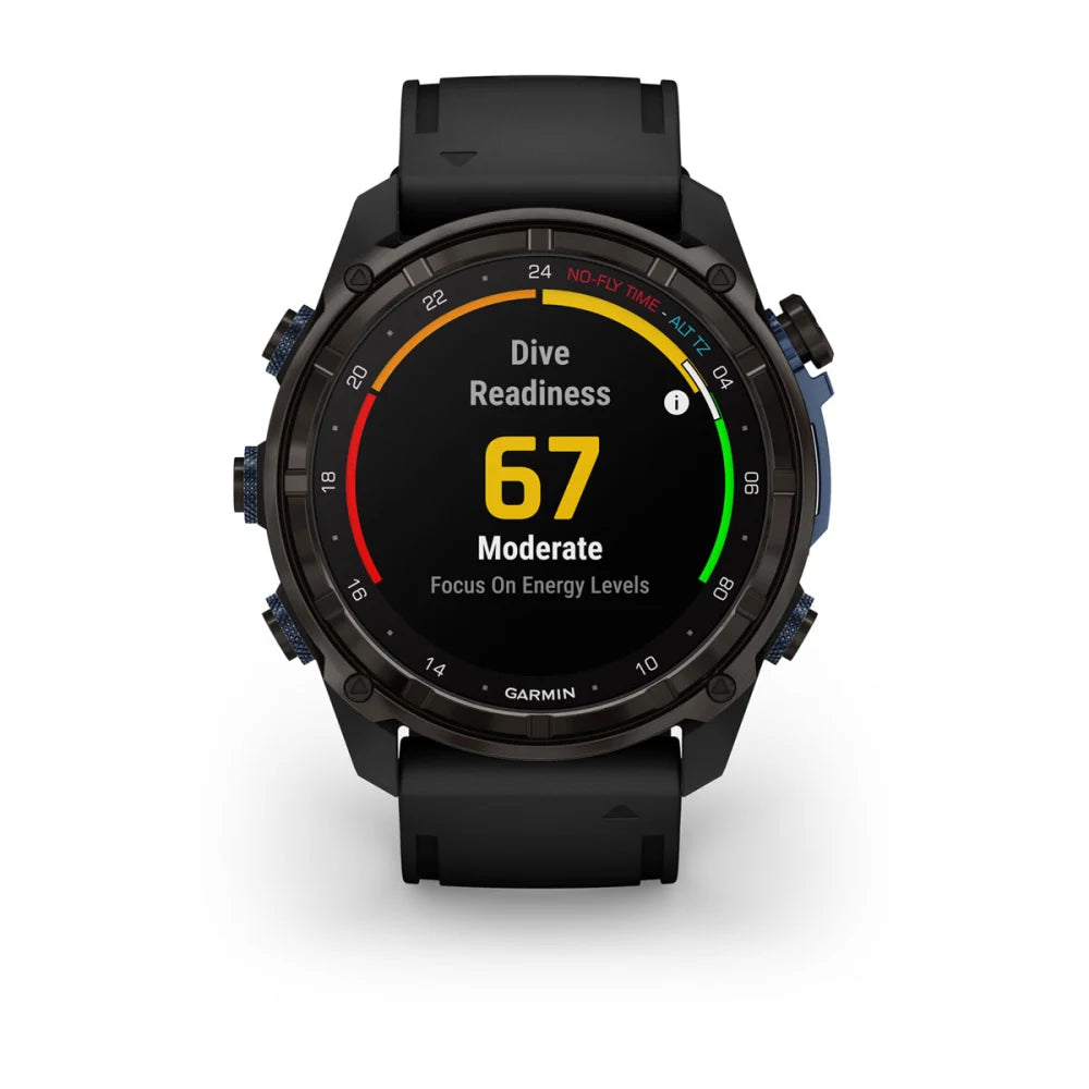 Garmin Descent Mk3i smartwatch displaying a dive readiness score of 67, indicating moderate energy levels.