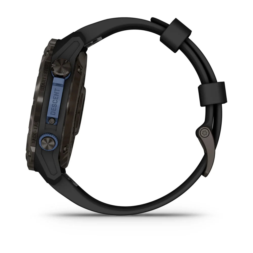 Side view of the Garmin Descent Mk3i watch showcasing its black strap and buttons.