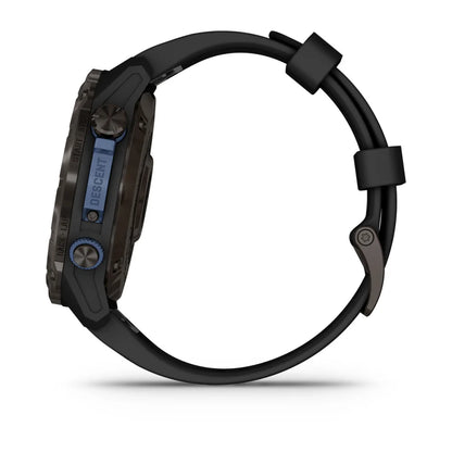 Side view of the Garmin Descent Mk3i watch showcasing its black strap and buttons.