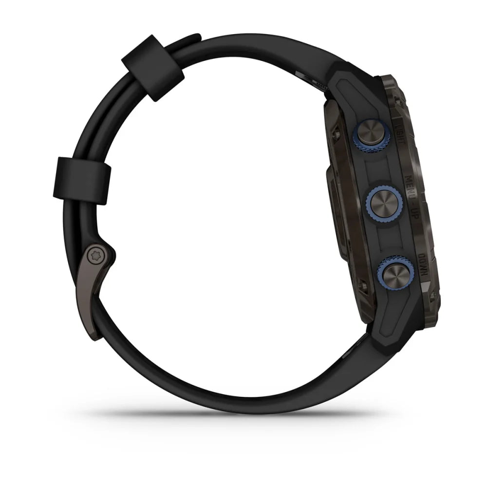 Side view of the Garmin Descent Mk3i smartwatch featuring a black strap and blue accent buttons.