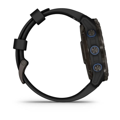 Side view of the Garmin Descent Mk3i smartwatch featuring a black strap and blue accent buttons.