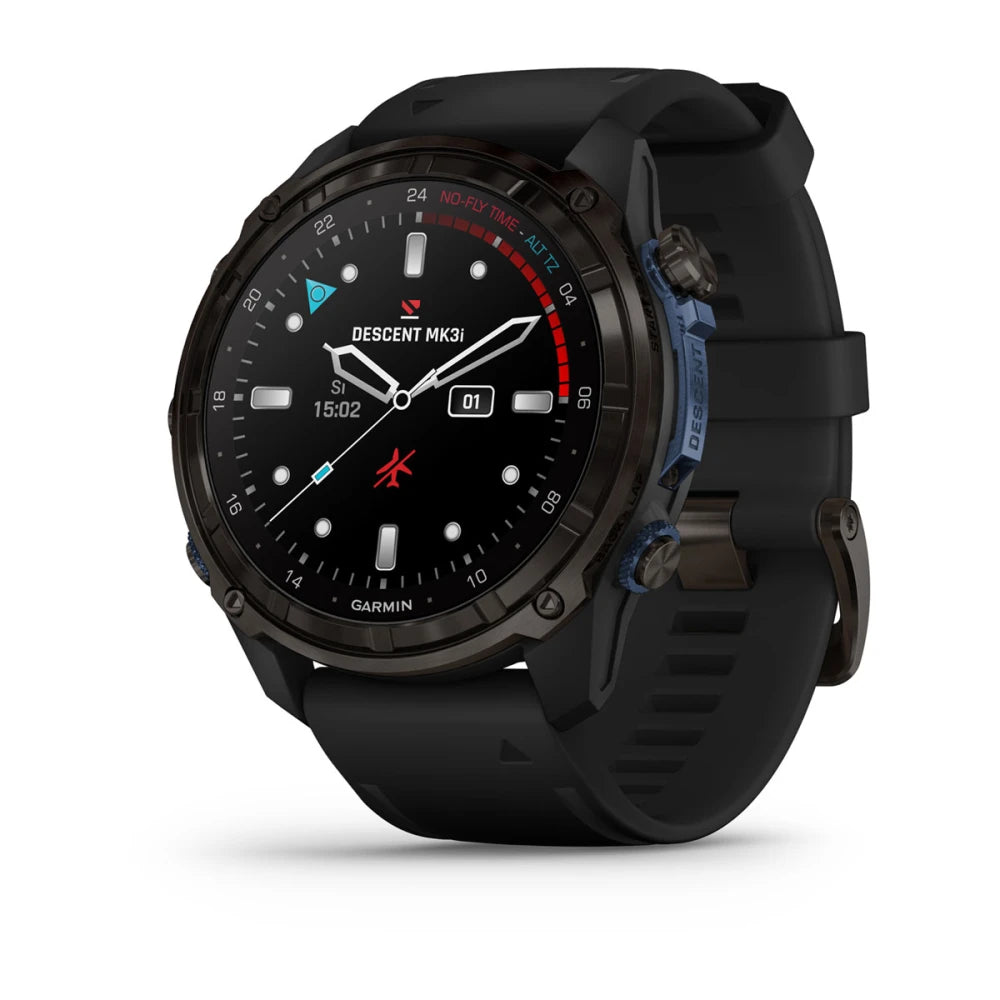 Garmin Descent Mk3i smartwatch displaying time and diving metrics on a black face with a rugged design.