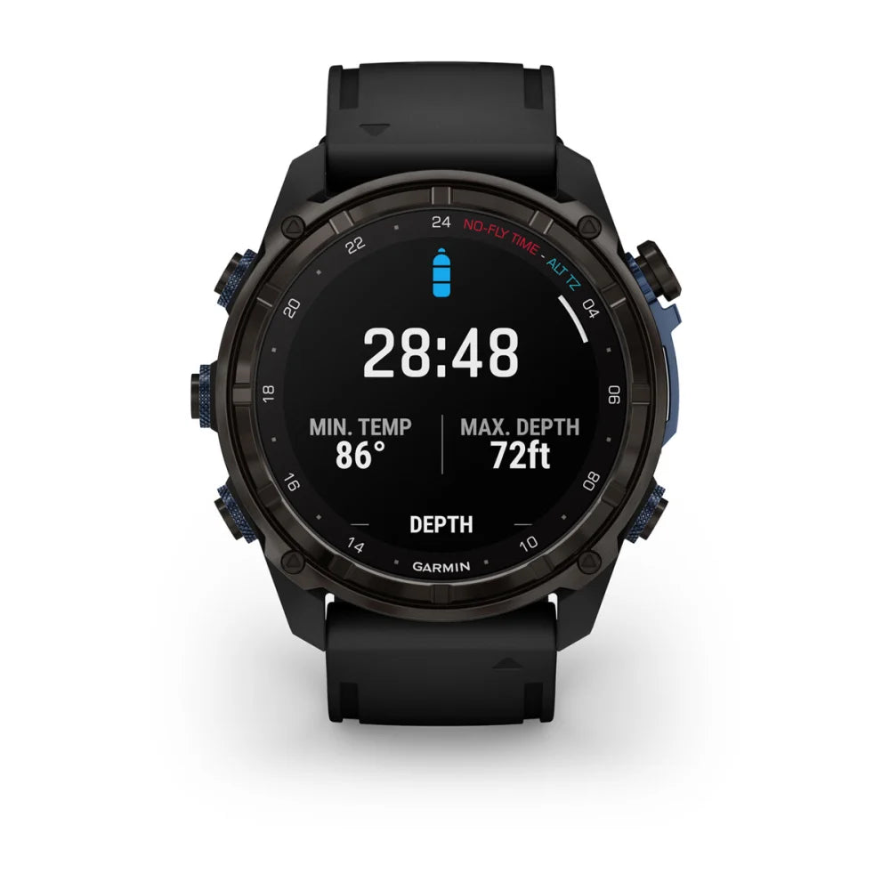 Garmin Descent Mk3i dive watch displaying depth, minimum temperature, and maximum depth readings on its screen.