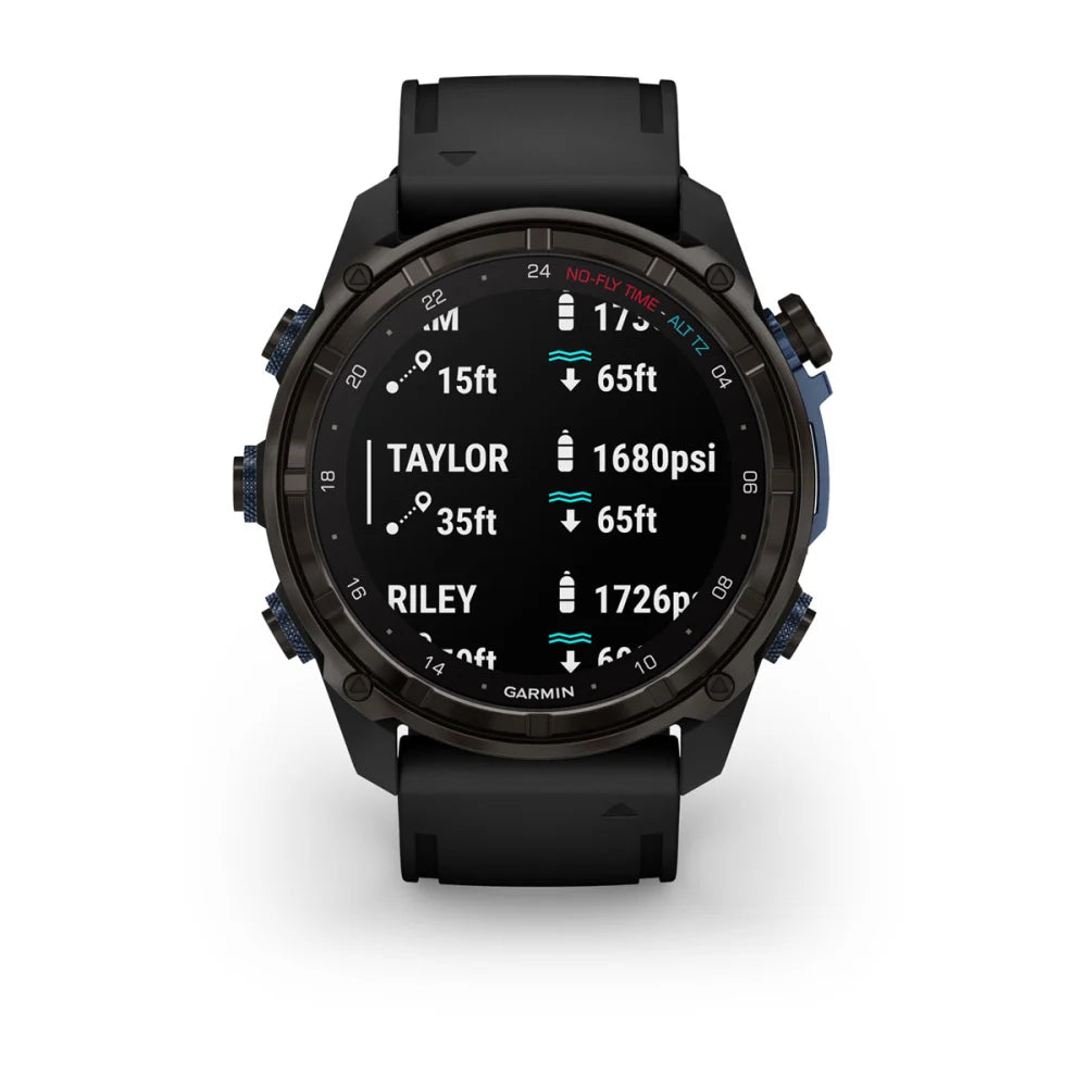 Garmin Descent Mk3i dive watch displaying depth readings and tank pressure.