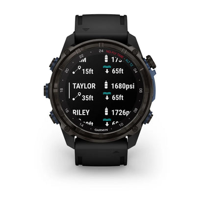 Garmin Descent Mk3i dive watch displaying depth readings and tank pressure.