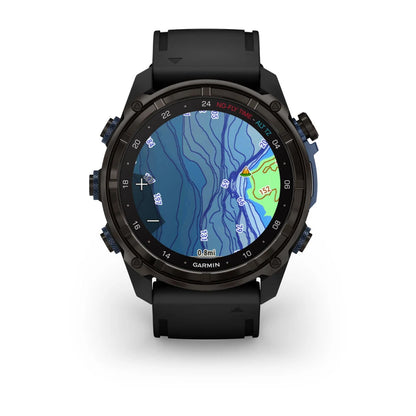 Garmin Descent Mk3i smartwatch displaying a colorful topographic map on its screen with navigational information.