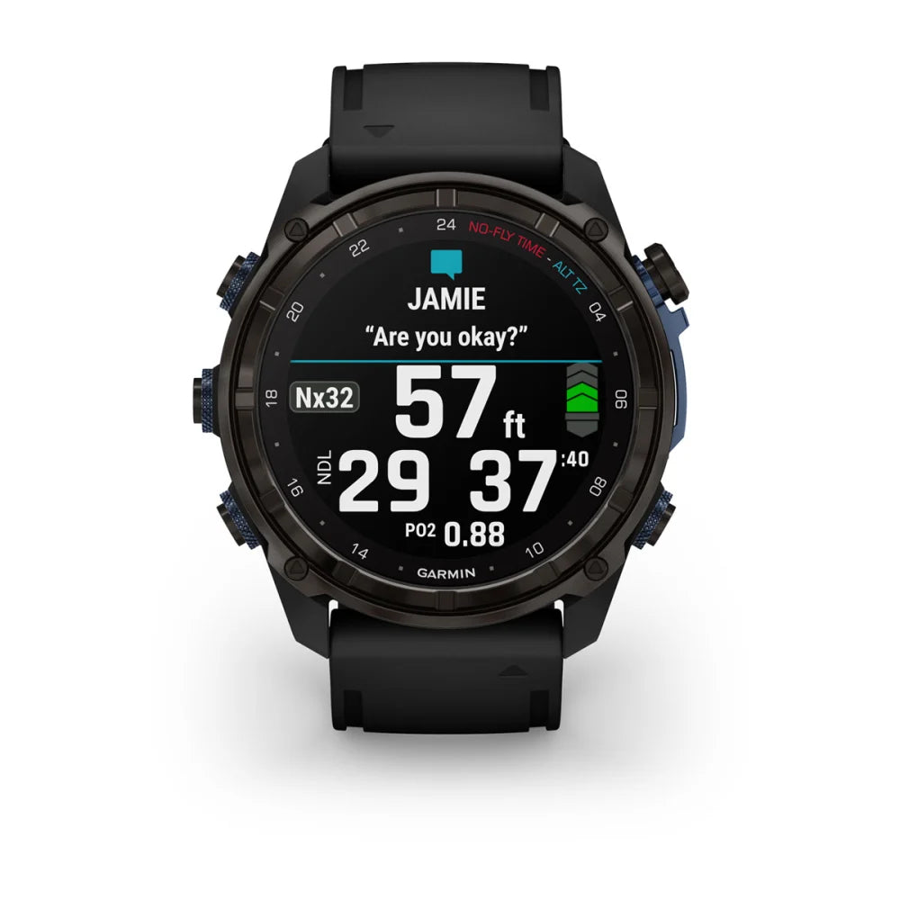 Garmin Descent Mk3i smartwatch displaying diving metrics including depth, no-decompression limits, and a message asking 'Are you okay?'