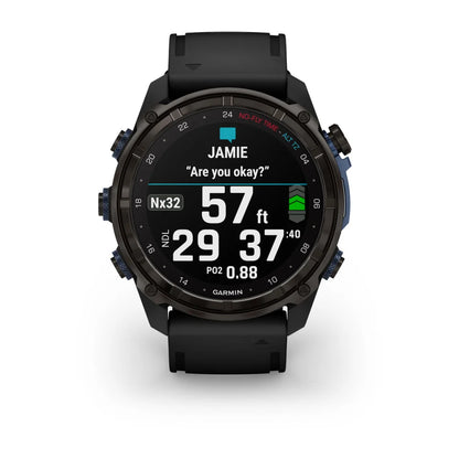 Garmin Descent Mk3i smartwatch displaying diving metrics including depth, no-decompression limits, and a message asking 'Are you okay?'