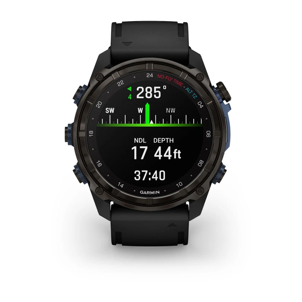 Garmin Descent Mk3i dive watch displaying navigation data with depth, no-decompression limit, and timer features.