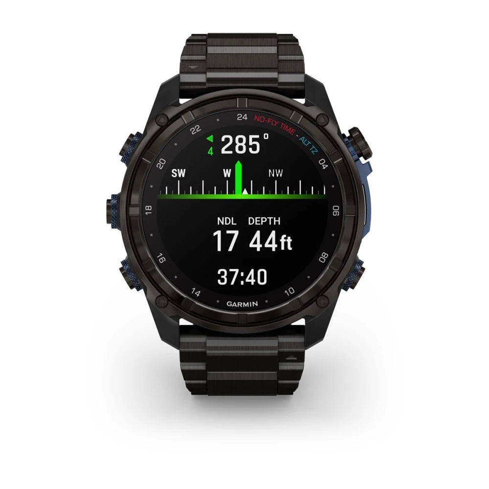 Garmin Descent Mk3i diving smartwatch displaying depth, NDL, and directional information on a black background.
