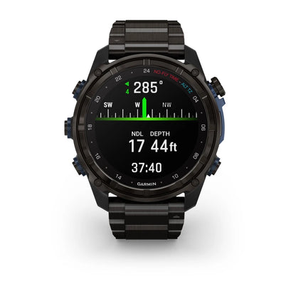 Garmin Descent Mk3i diving smartwatch displaying depth, NDL, and directional information on a black background.