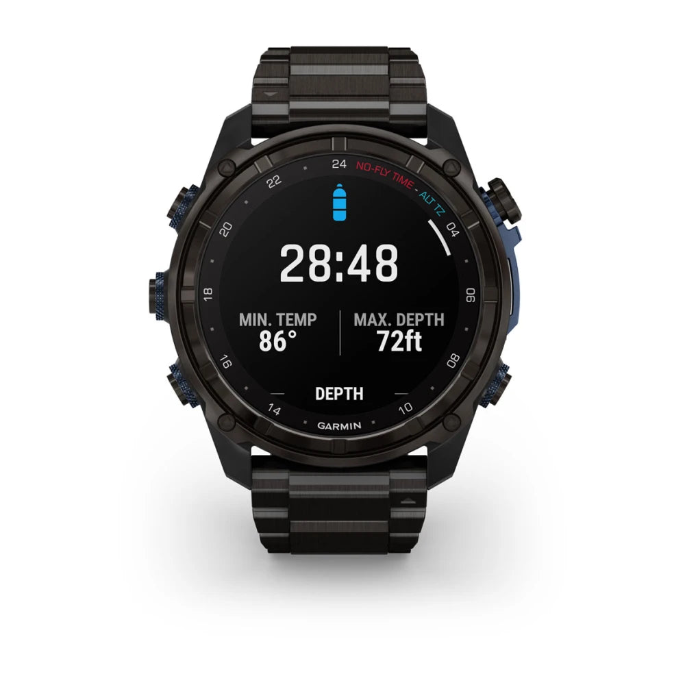 Garmin Descent Mk3i smartwatch displaying diving metrics including time, minimum temperature, and maximum depth.