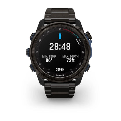 Garmin Descent Mk3i smartwatch displaying diving metrics including time, minimum temperature, and maximum depth.