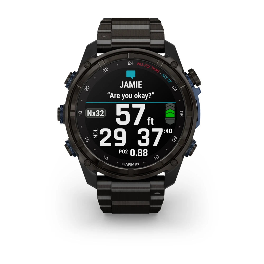 Garmin Descent Mk3i smartwatch displaying depth information with the message 'Are you okay?' from a contact named Jamie.