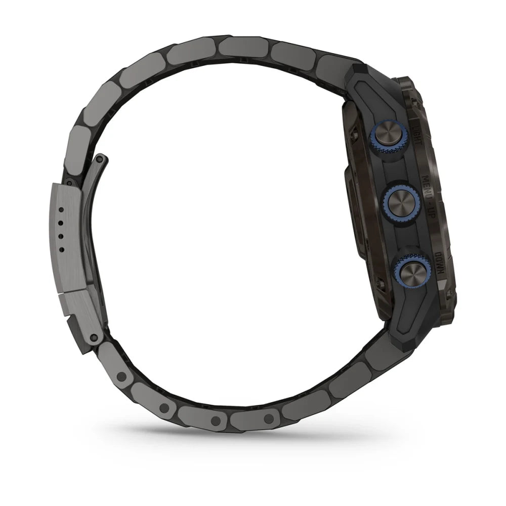 Garmin Descent Mk3i smartwatch viewed from the side, showcasing its sleek design and buttons.