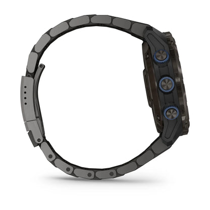 Garmin Descent Mk3i smartwatch viewed from the side, showcasing its sleek design and buttons.