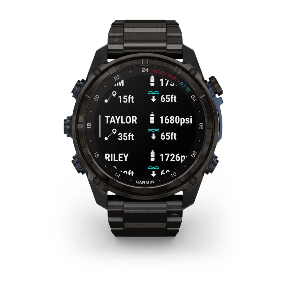 Garmin Descent Mk3i smartwatch displaying dive information, including depth and air pressure readings.