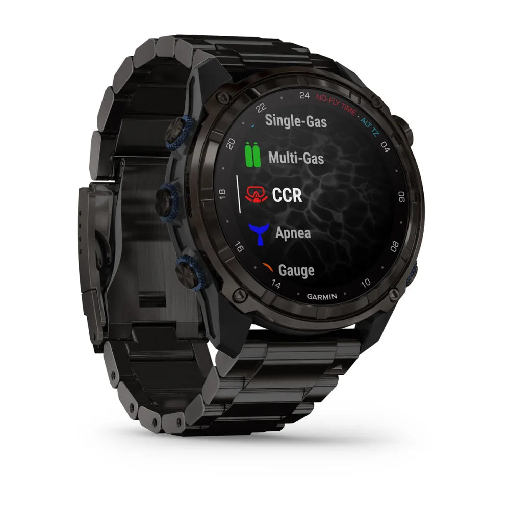 Garmin Descent Mk3i smartwatch displaying dive modes including Single-Gas, Multi-Gas, CCR, Apnea, and Gauge on a black background.