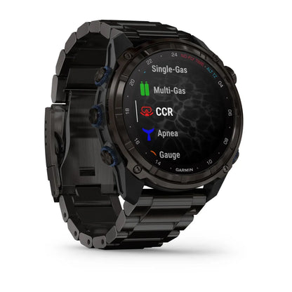 Garmin Descent Mk3i smartwatch displaying dive modes including Single-Gas, Multi-Gas, CCR, Apnea, and Gauge on a black background.