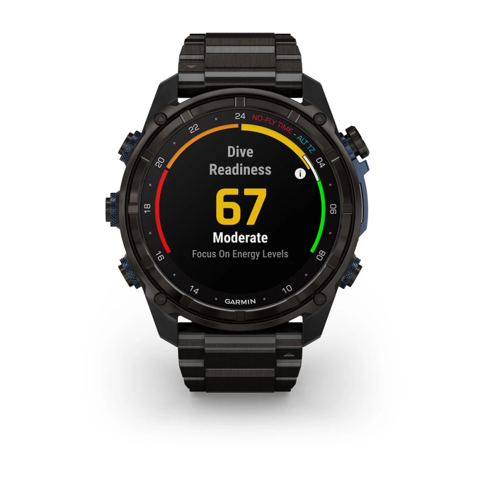 Garmin Descent Mk3i smartwatch displaying dive readiness level of 67, categorized as moderate, with a focus on energy levels.