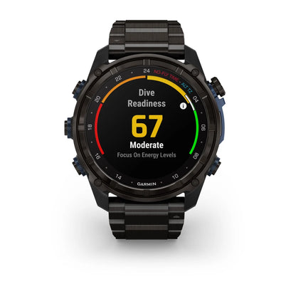 Garmin Descent Mk3i smartwatch displaying dive readiness level of 67, categorized as moderate, with a focus on energy levels.