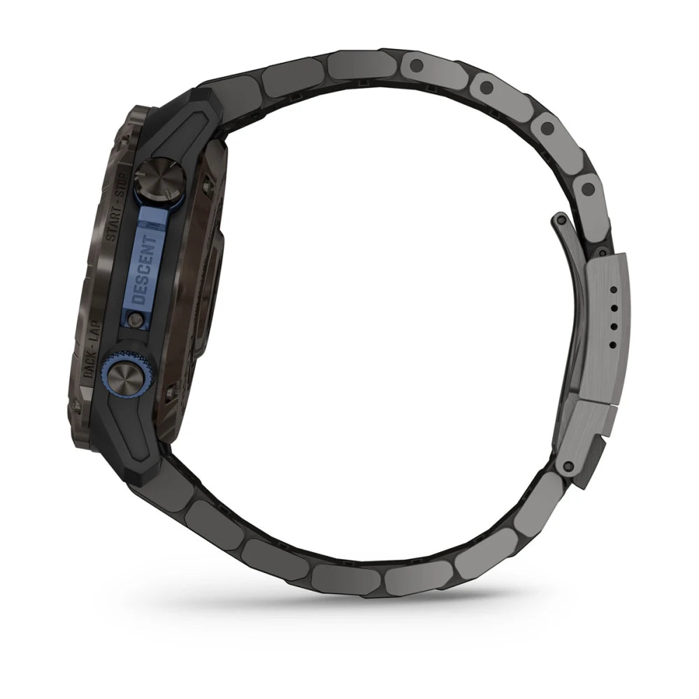 Garmin Descent Mk3i smartwatch displayed from a side angle, featuring a rugged design and multiple buttons.