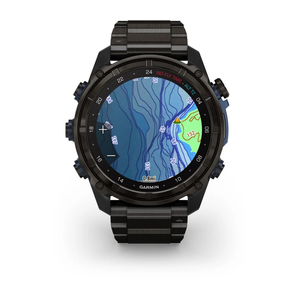 Garmin Descent Mk3i smartwatch displaying a detailed topographic map on its round screen, featuring a black strap and a sleek design.