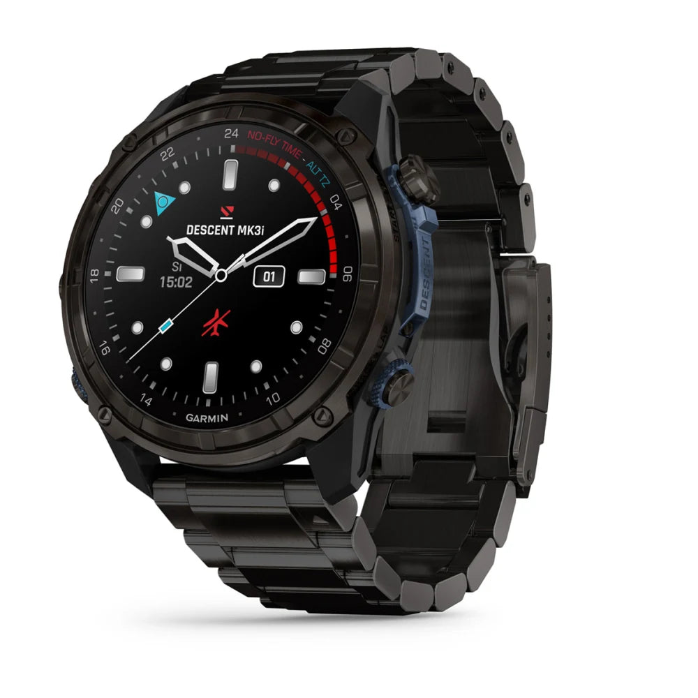 Garmin Descent Mk3i smartwatch with a black metal strap, featuring a digital display showing time, depth, and other diving metrics.