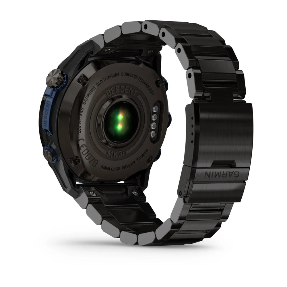 Garmin Descent Mk3i smartwatch featuring a black titanium case and bracelet, showcasing the back view with sensors and details.