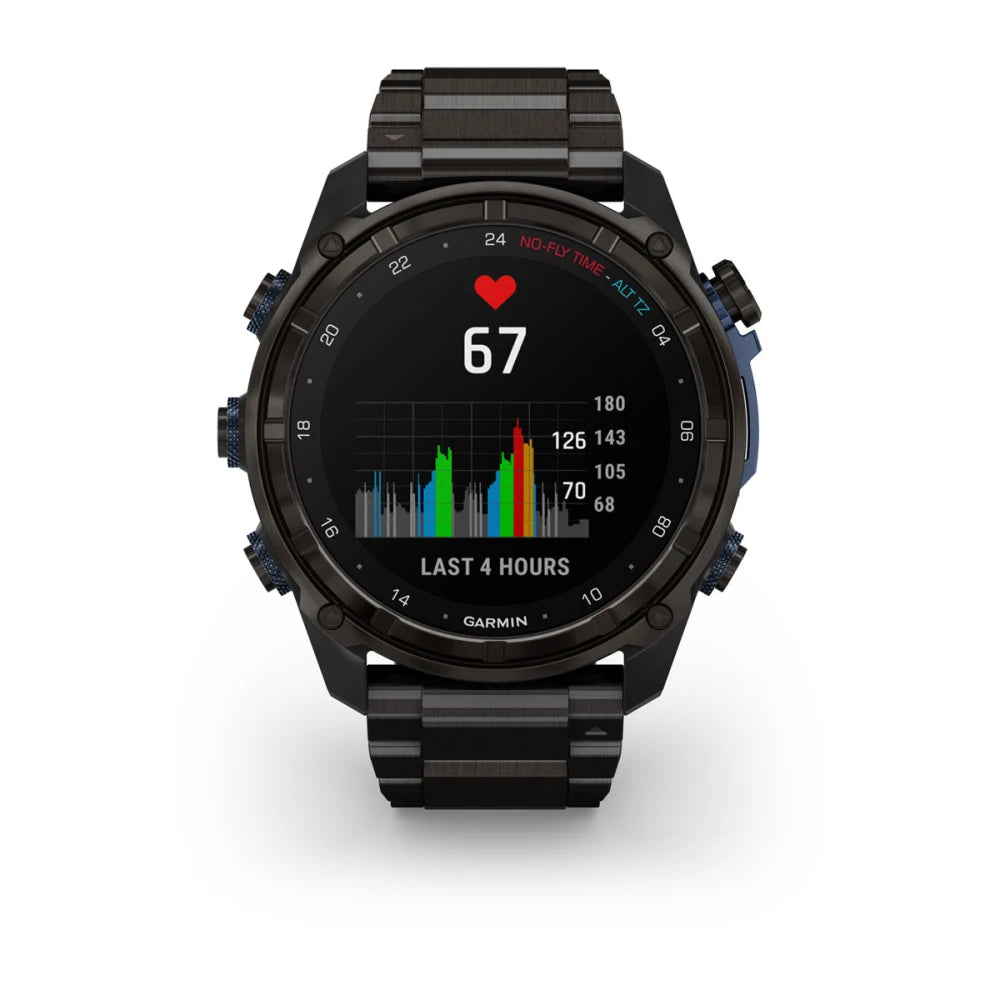 Garmin Descent Mk3i smartwatch displaying heart rate of 67 and a colorful graph representing data from the last 4 hours.