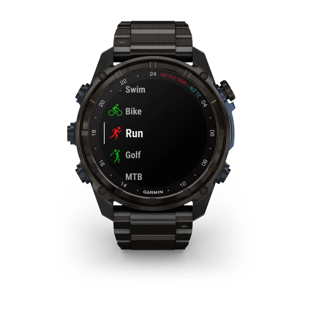 Garmin Descent Mk3i smartwatch displaying options for Swim, Bike, Run, Golf, and MTB activities on a black screen.