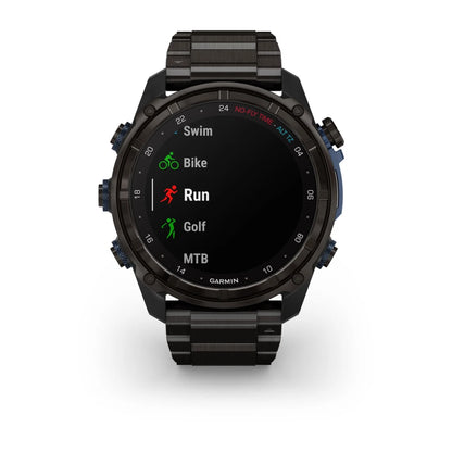 Garmin Descent Mk3i smartwatch displaying options for Swim, Bike, Run, Golf, and MTB activities on a black screen.