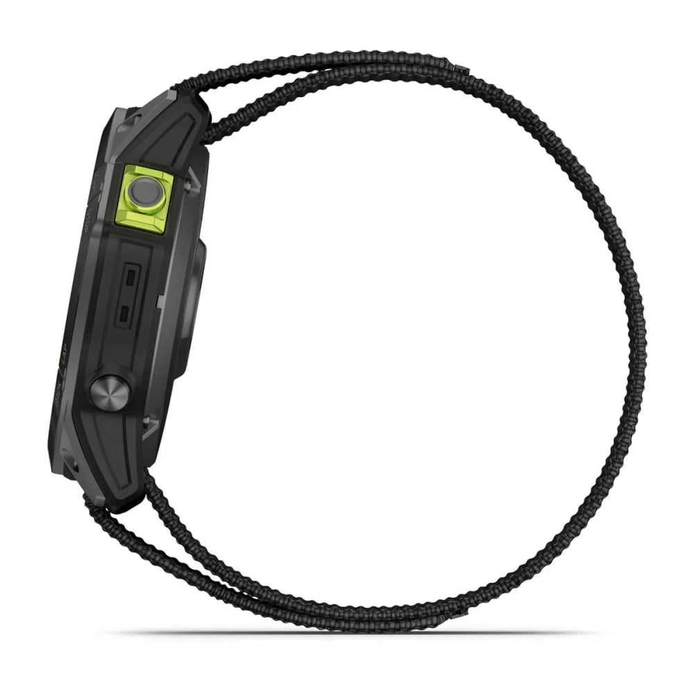Side view of the Garmin Enduro 2 smartwatch, showcasing its robust design and braided strap.