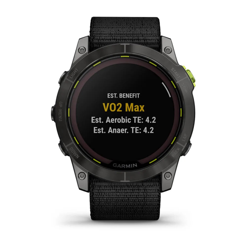 Garmin Enduro 2 smartwatch displaying VO2 Max metrics with estimated aerobic and anaerobic training effect values.