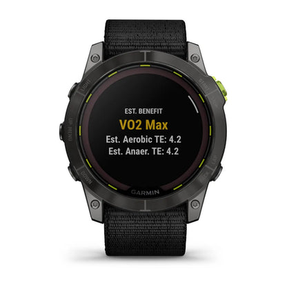 Garmin Enduro 2 smartwatch displaying VO2 Max metrics with estimated aerobic and anaerobic training effect values.