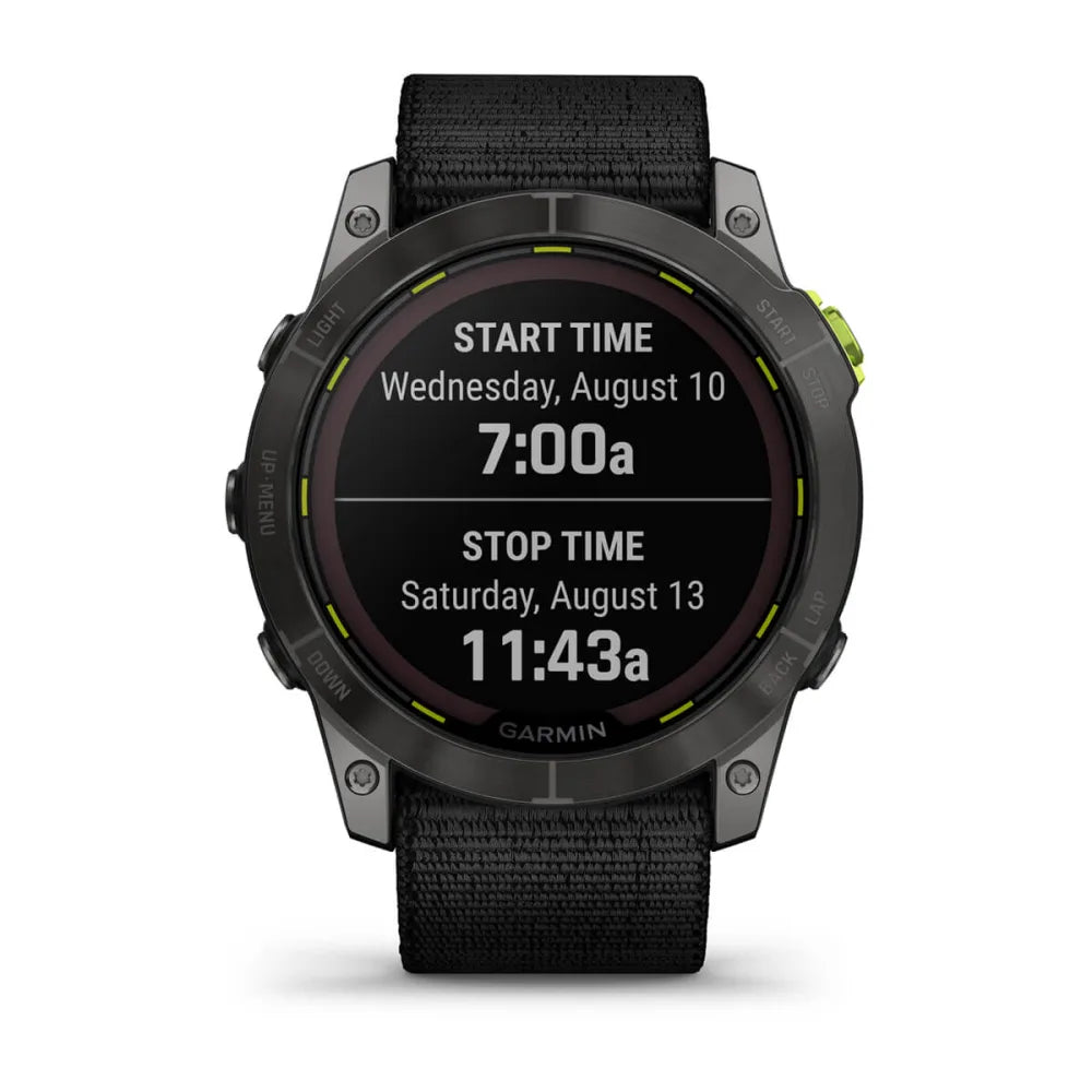 Garmin Enduro 2 smartwatch displaying start time and stop time with a black strap.