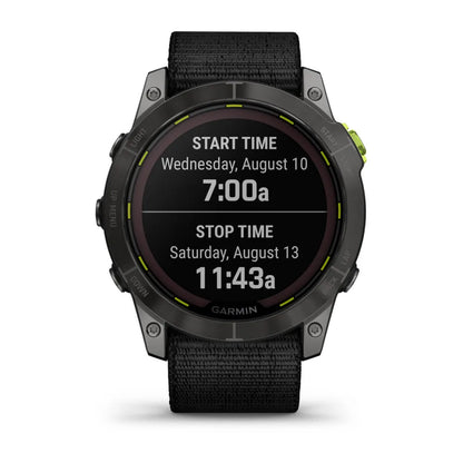 Garmin Enduro 2 smartwatch displaying start time and stop time with a black strap.