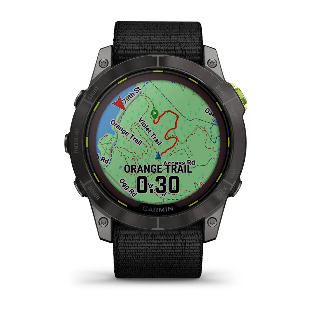 Garmin Enduro 2 smartwatch displaying a detailed map with highlighted trails and a timer, featuring a black strap.