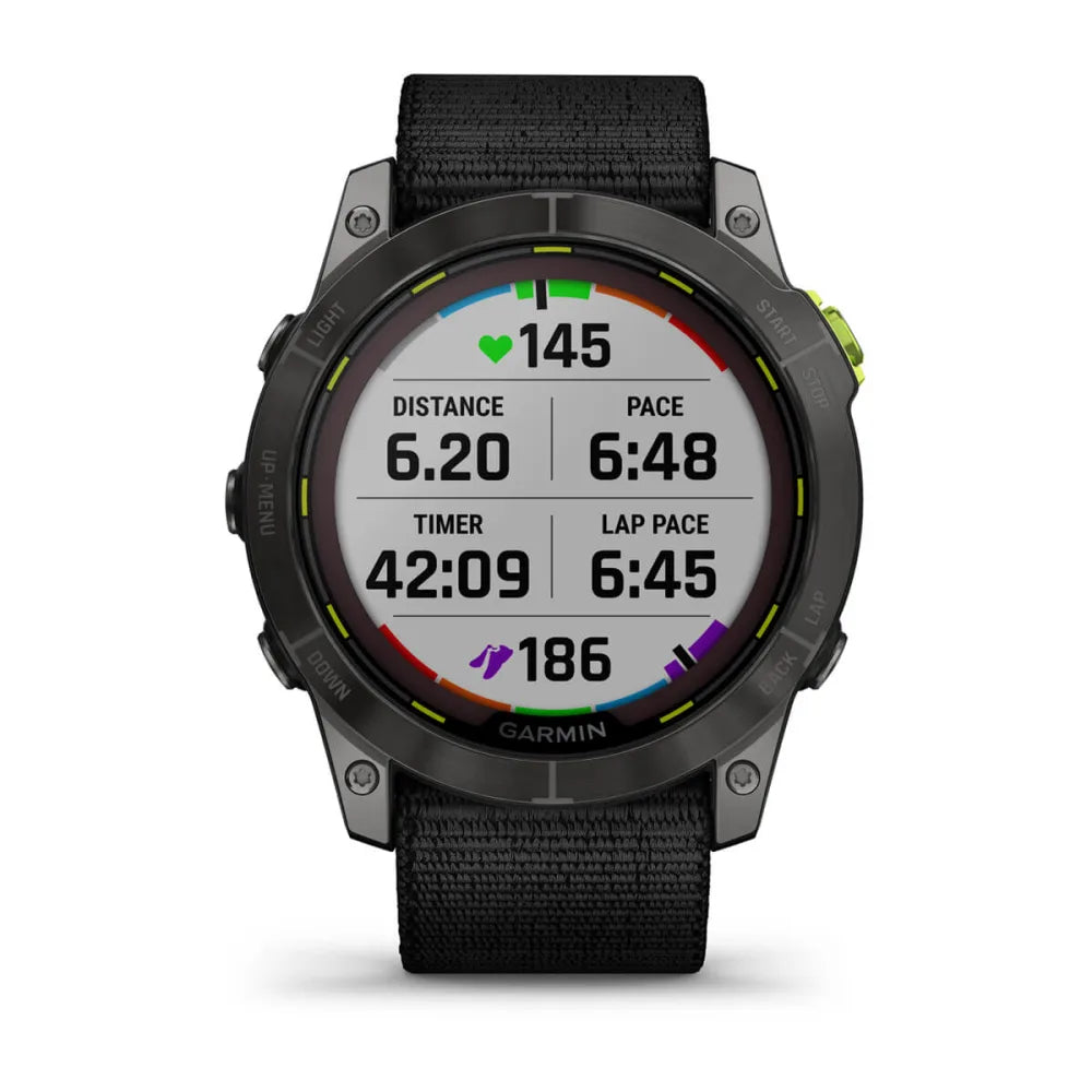Garmin Enduro 2 smartwatch displaying workout metrics including heart rate, distance, pace, timer, and lap pace.