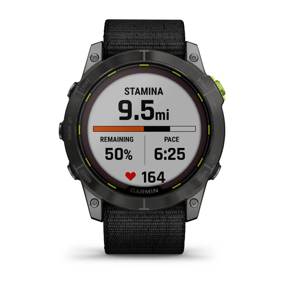 Garmin smartwatch displaying stamina metrics: 9.5 miles completed, 50% remaining, pace of 6:25 per mile, and heart rate of 164 bpm.