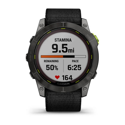 Garmin smartwatch displaying stamina metrics: 9.5 miles completed, 50% remaining, pace of 6:25 per mile, and heart rate of 164 bpm.