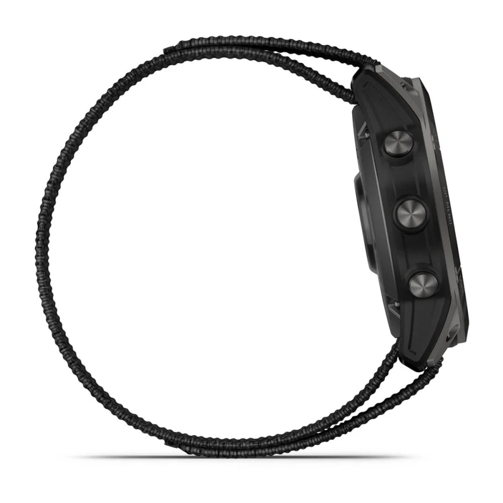 A side view of a black, rugged smartwatch with three prominent buttons and a durable braided strap, showcasing its sporty design.