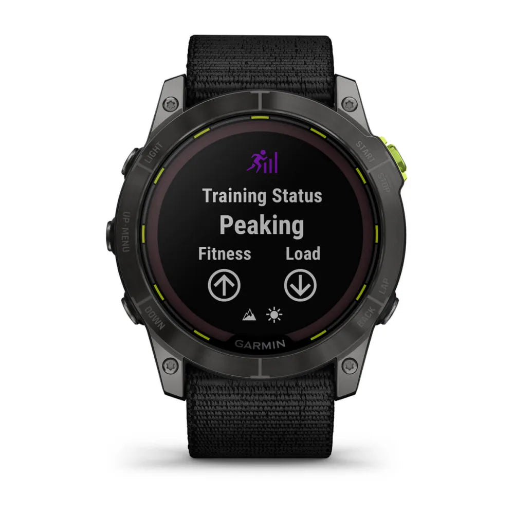 Garmin Enduro 2 smartwatch displaying training status with the word Peaking highlighted on the screen.