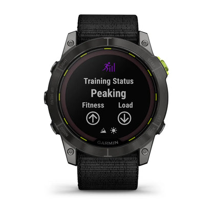 Garmin Enduro 2 smartwatch displaying training status with the word Peaking highlighted on the screen.