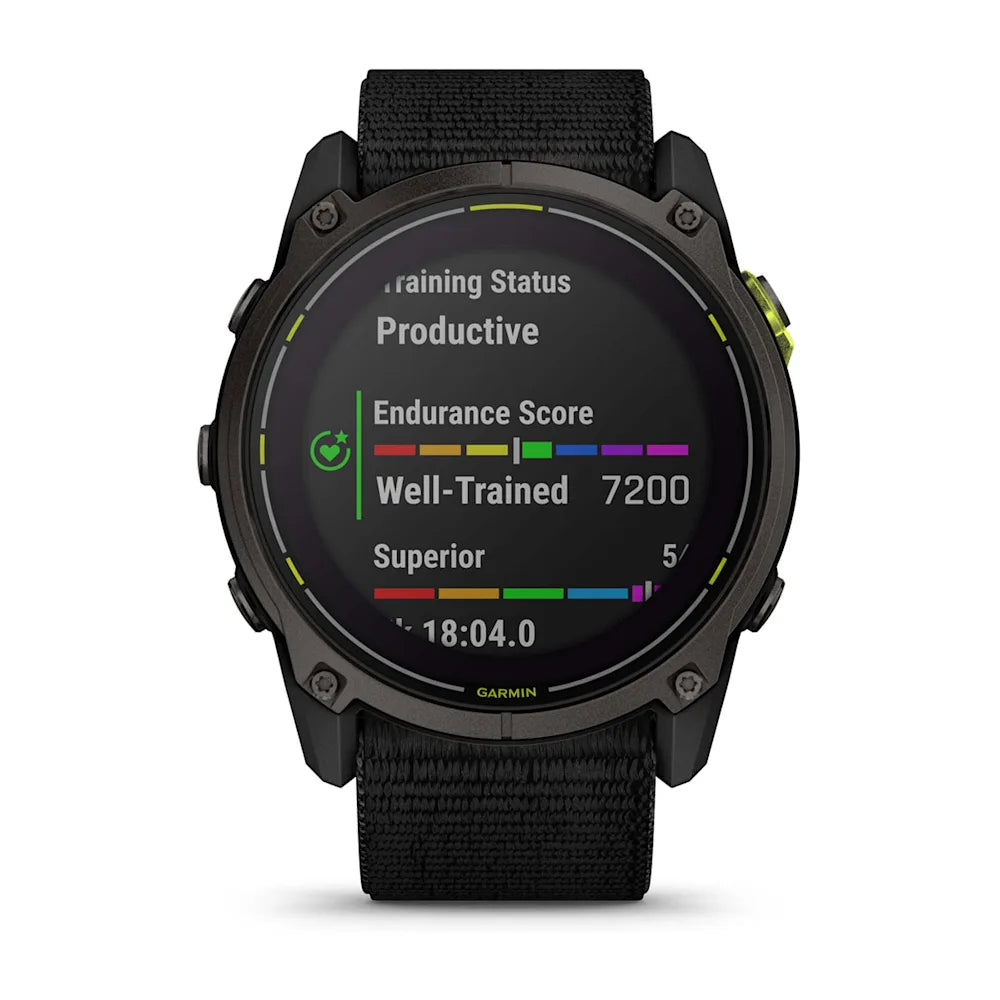 Garmin Enduro 3 smartwatch displaying training status as 'Productive' with an endurance score of 7200 and 'Well-Trained' indicator.