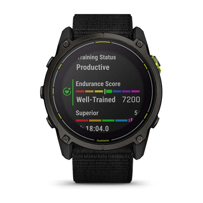 Garmin Enduro 3 smartwatch displaying training status as 'Productive' with an endurance score of 7200 and 'Well-Trained' indicator.